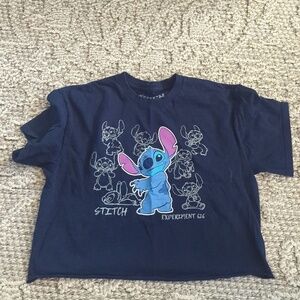Disney Stitch Cropped Navy T-shirt In A Youth Size Medium. Raw Cut Hem.